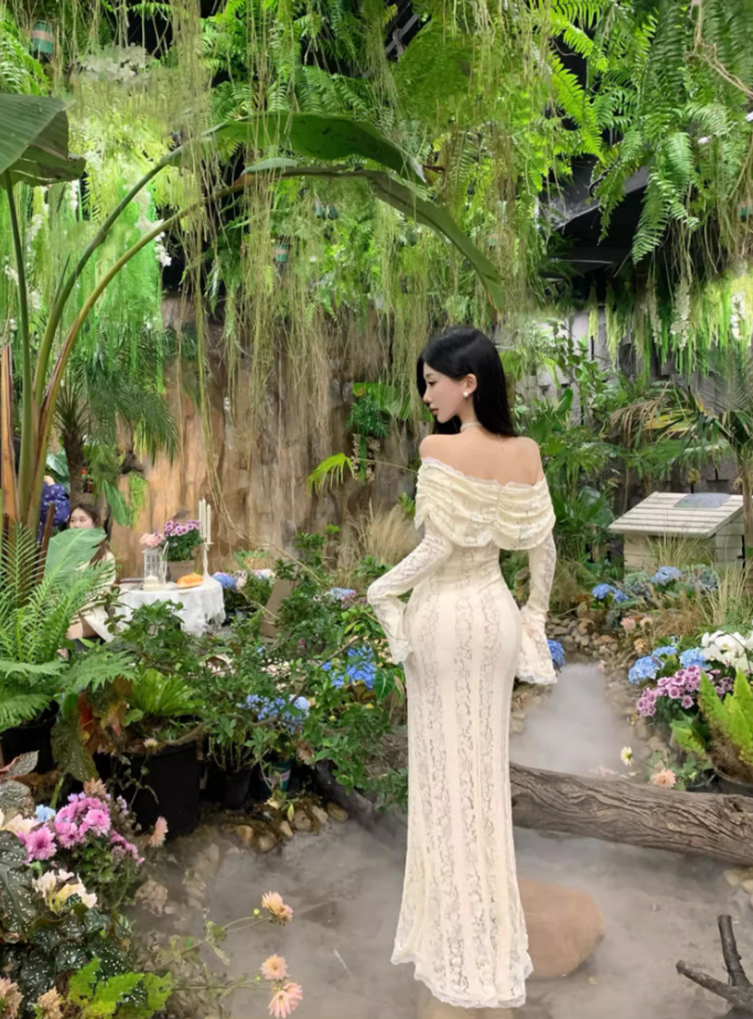 Ethereal Ivory Ruffled Hem Off-Shoulder Maxi Dress Bell-Sleeve Lace Mermaid Long Dress AP1232