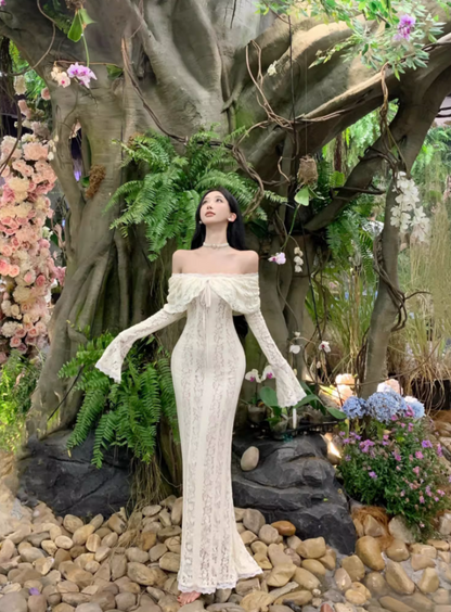 Ethereal Ivory Ruffled Hem Off-Shoulder Maxi Dress Bell-Sleeve Lace Mermaid Long Dress AP1232