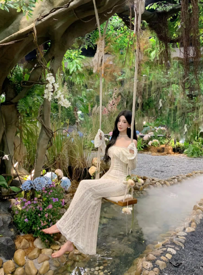 Ethereal Ivory Ruffled Hem Off-Shoulder Maxi Dress Bell-Sleeve Lace Mermaid Long Dress AP1232