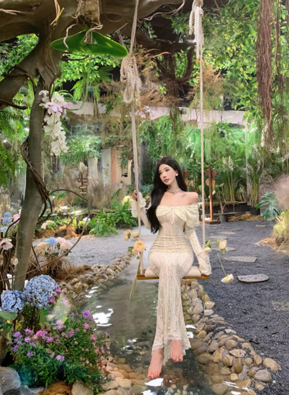 Ethereal Ivory Ruffled Hem Off-Shoulder Maxi Dress Bell-Sleeve Lace Mermaid Long Dress AP1232