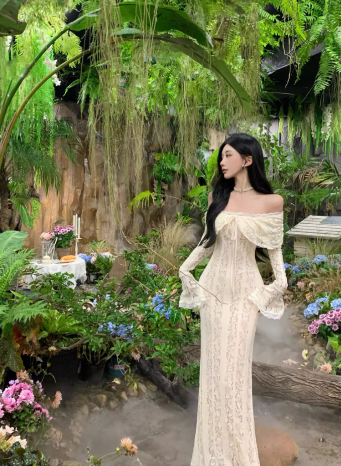 Ethereal Ivory Ruffled Hem Off-Shoulder Maxi Dress Bell-Sleeve Lace Mermaid Long Dress AP1232