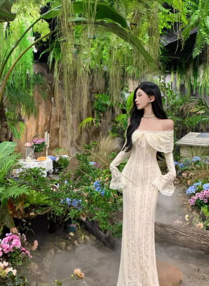 Ethereal Ivory Ruffled Hem Off-Shoulder Maxi Dress Bell-Sleeve Lace Mermaid Long Dress AP1232