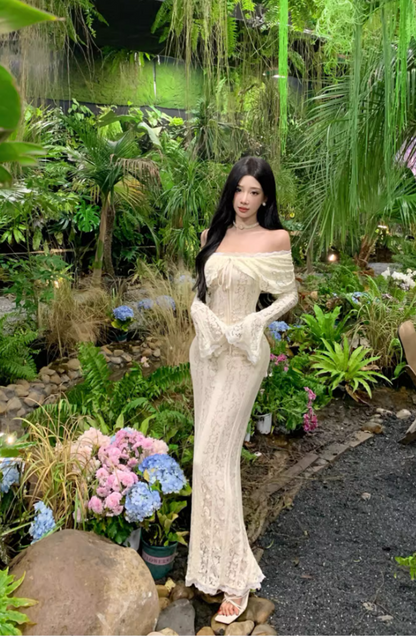 Ethereal Ivory Ruffled Hem Off-Shoulder Maxi Dress Bell-Sleeve Lace Mermaid Long Dress AP1232