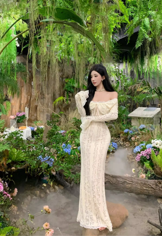 Ethereal Ivory Ruffled Hem Off-Shoulder Maxi Dress Bell-Sleeve Lace Mermaid Long Dress AP1232