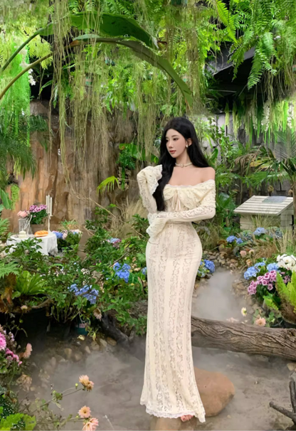 Ethereal Ivory Ruffled Hem Off-Shoulder Maxi Dress Bell-Sleeve Lace Mermaid Long Dress AP1232