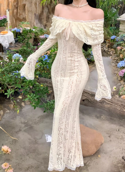 Ethereal Ivory Ruffled Hem Off-Shoulder Maxi Dress Bell-Sleeve Lace Mermaid Long Dress AP1232
