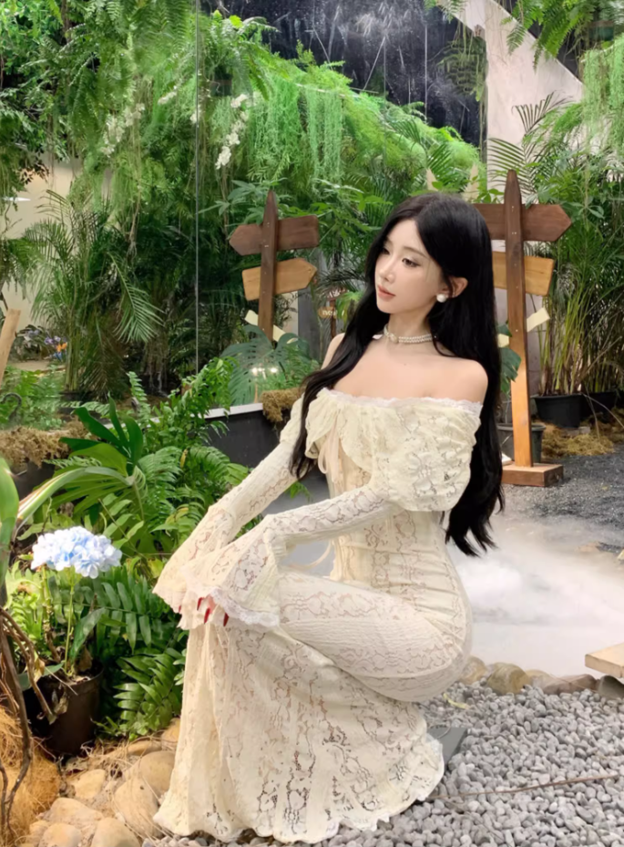 Ethereal Ivory Ruffled Hem Off-Shoulder Maxi Dress Bell-Sleeve Lace Mermaid Long Dress AP1232