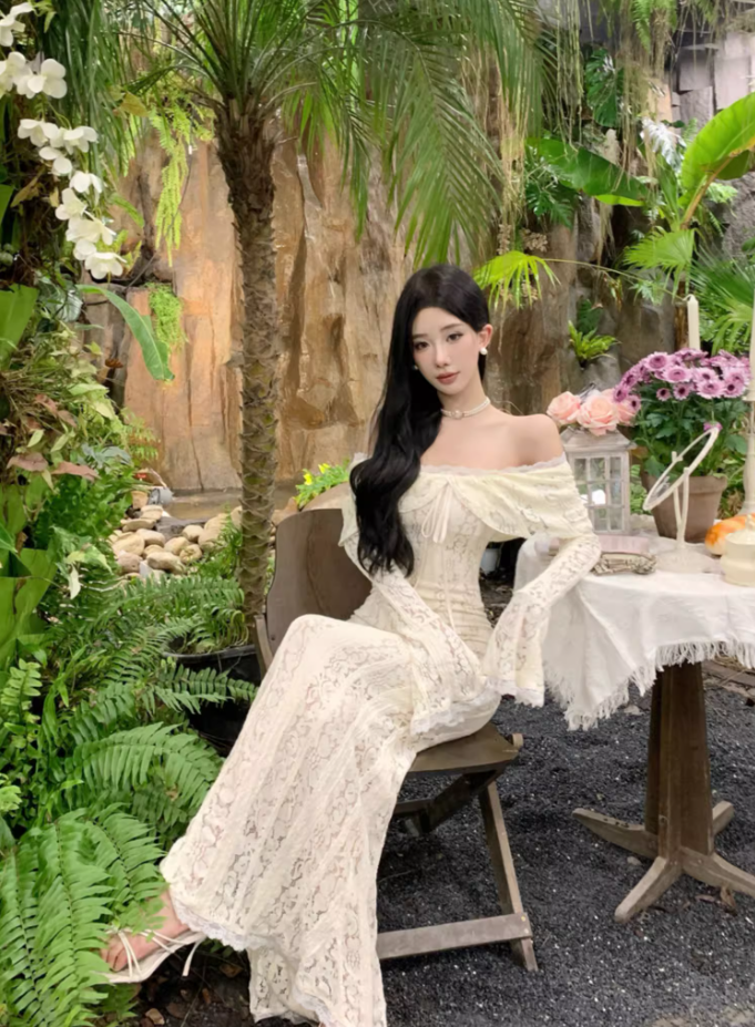 Ethereal Ivory Ruffled Hem Off-Shoulder Maxi Dress Bell-Sleeve Lace Mermaid Long Dress AP1232