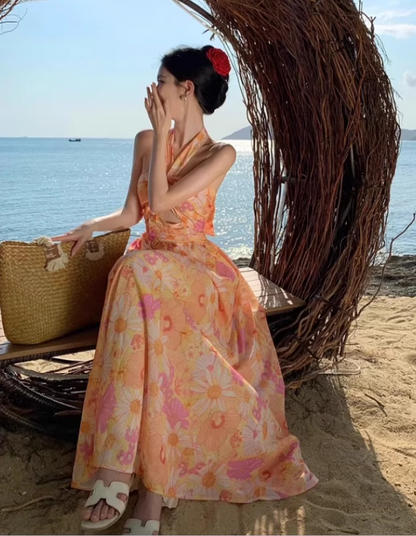 Vibrant Holiday Outfit Floral-Print Maxi Dress Tropical Style Hollow-Out Backless Halter Long Dress AP1233
