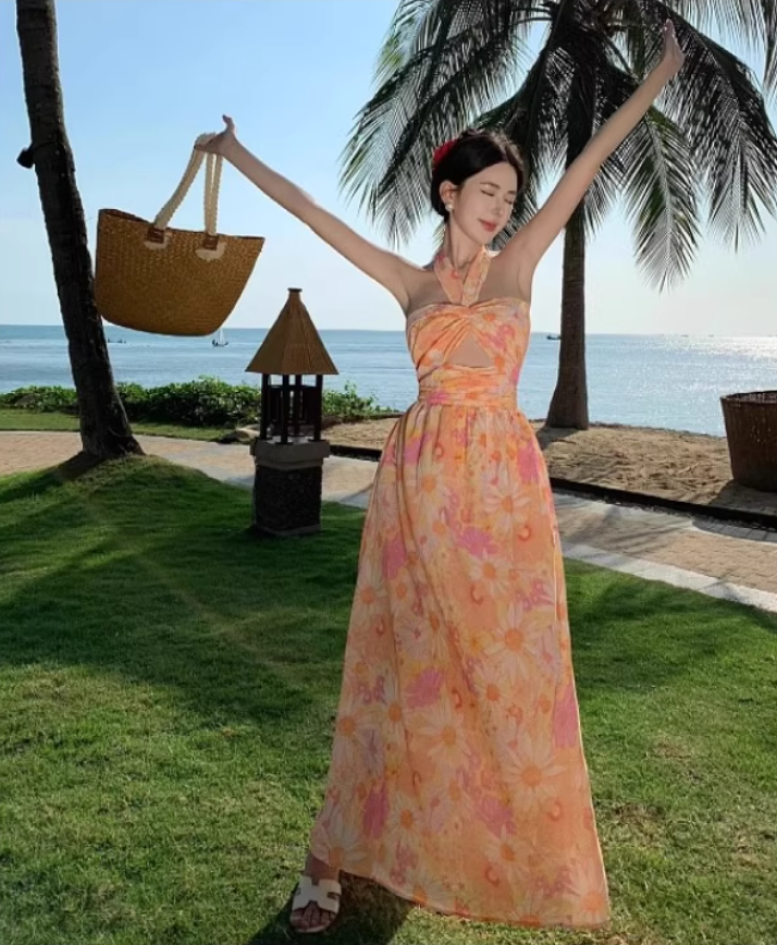 Vibrant Holiday Outfit Floral-Print Maxi Dress Tropical Style Hollow-Out Backless Halter Long Dress AP1233