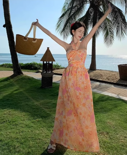 Vibrant Holiday Outfit Floral-Print Maxi Dress Tropical Style Hollow-Out Backless Halter Long Dress AP1233