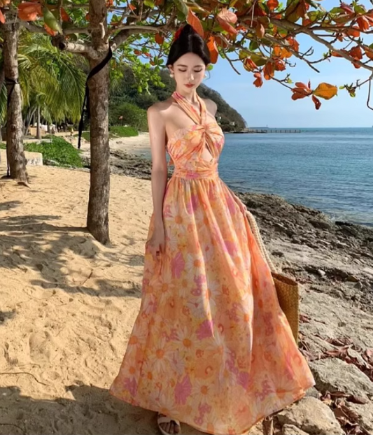Vibrant Holiday Outfit Floral-Print Maxi Dress Tropical Style Hollow-Out Backless Halter Long Dress AP1233