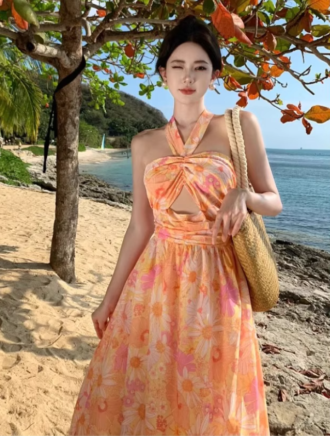 Vibrant Holiday Outfit Floral-Print Maxi Dress Tropical Style Hollow-Out Backless Halter Long Dress AP1233