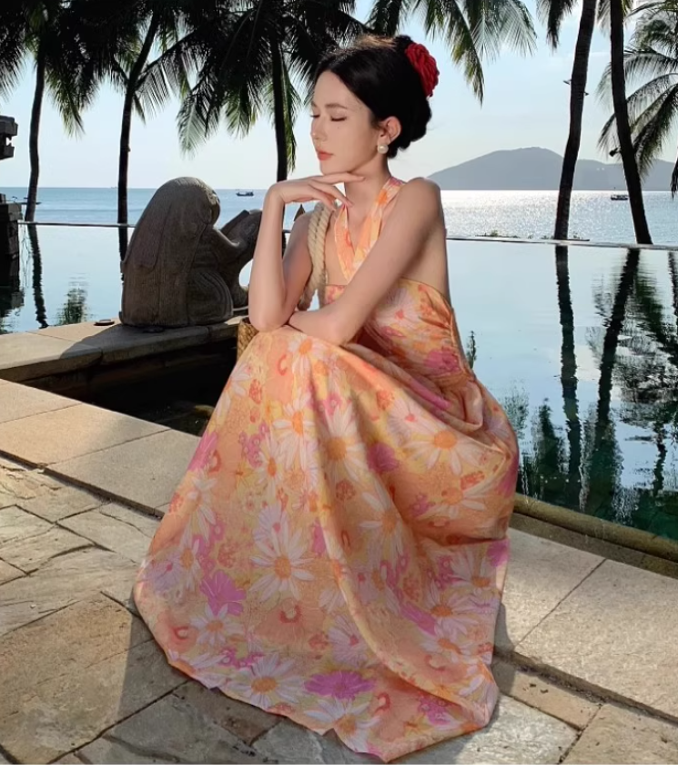 Vibrant Holiday Outfit Floral-Print Maxi Dress Tropical Style Hollow-Out Backless Halter Long Dress AP1233