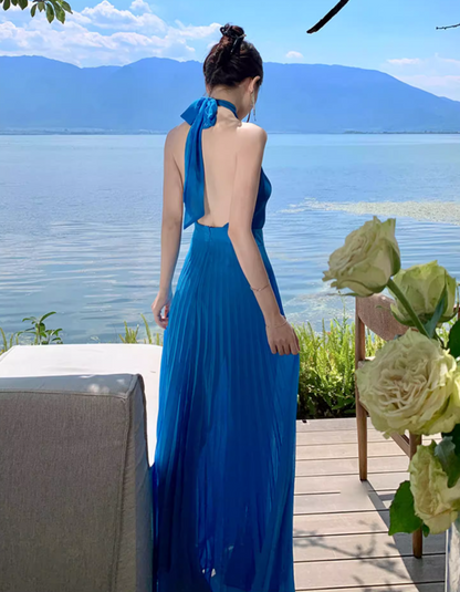 Alluring Hollow-Out Pressed Pleat Maxi Dress Chic Backless Scenic Vacays Halter Long Dress AP1234