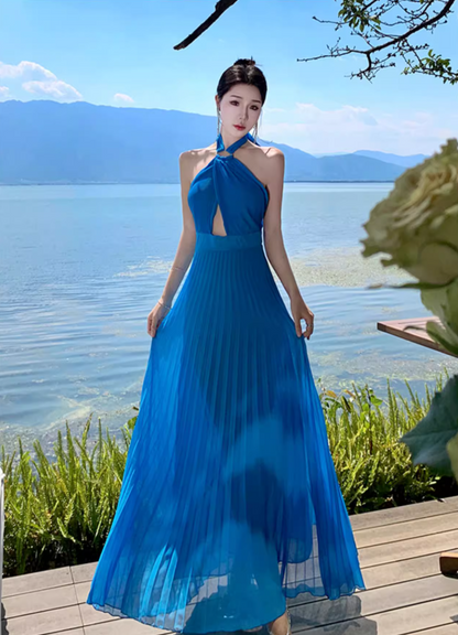 Alluring Hollow-Out Pressed Pleat Maxi Dress Chic Backless Scenic Vacays Halter Long Dress AP1234