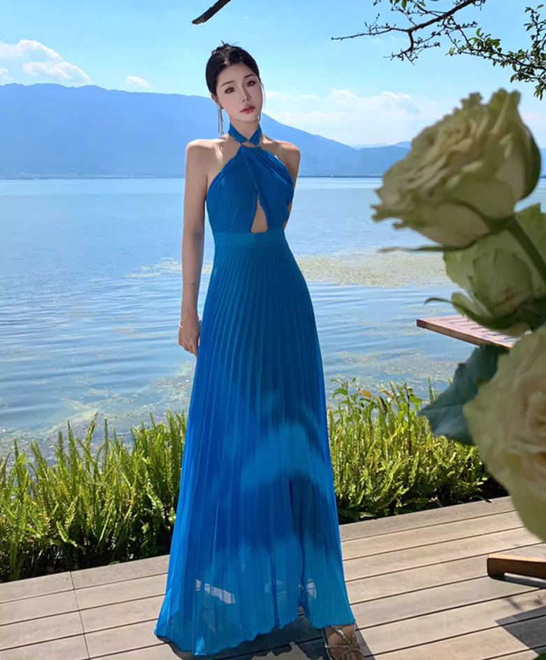 Alluring Hollow-Out Pressed Pleat Maxi Dress Chic Backless Scenic Vacays Halter Long Dress AP1234