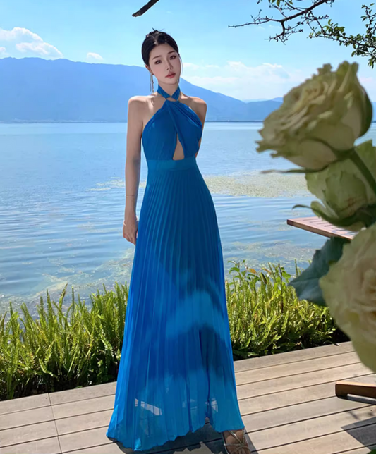 Alluring Hollow-Out Pressed Pleat Maxi Dress Chic Backless Scenic Vacays Halter Long Dress AP1234