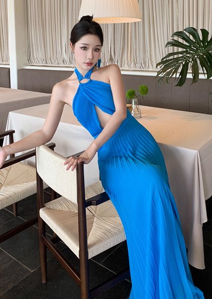 Alluring Hollow-Out Pressed Pleat Maxi Dress Chic Backless Scenic Vacays Halter Long Dress AP1234