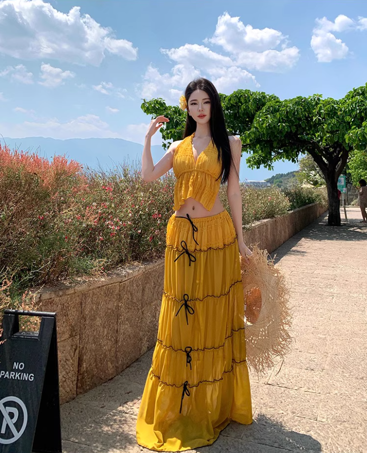 Romantic Ruffles Hem Bow Detail Maxi Dress Vibrant Two-Piece Set Scenic Vacays Halter Long Dress AP1235