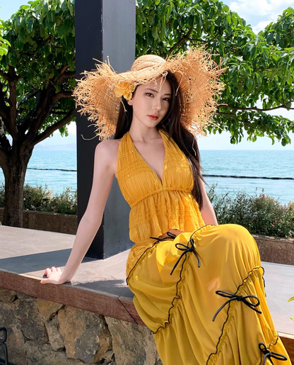 Romantic Ruffles Hem Bow Detail Maxi Dress Vibrant Two-Piece Set Scenic Vacays Halter Long Dress AP1235