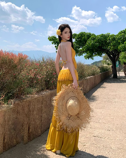 Romantic Ruffles Hem Bow Detail Maxi Dress Vibrant Two-Piece Set Scenic Vacays Halter Long Dress AP1235