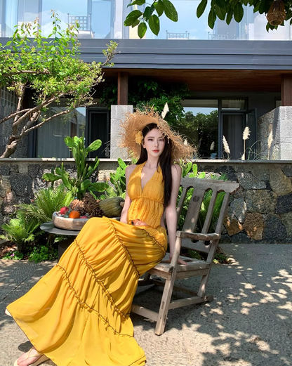 Romantic Ruffles Hem Bow Detail Maxi Dress Vibrant Two-Piece Set Scenic Vacays Halter Long Dress AP1235