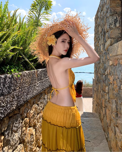 Romantic Ruffles Hem Bow Detail Maxi Dress Vibrant Two-Piece Set Scenic Vacays Halter Long Dress AP1235