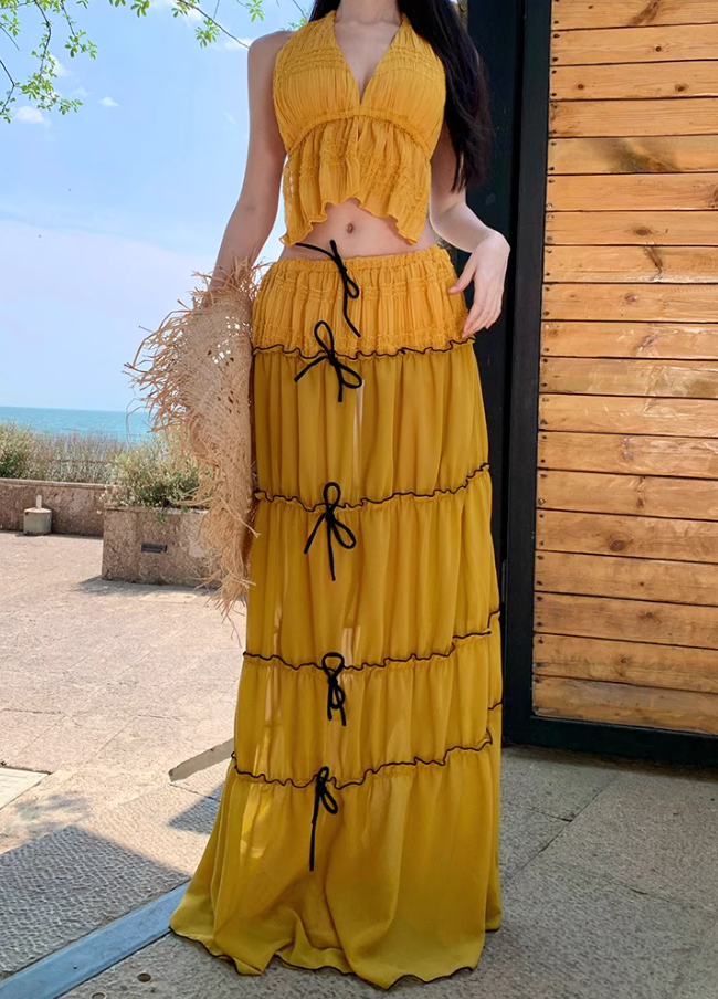 Romantic Ruffles Hem Bow Detail Maxi Dress Vibrant Two-Piece Set Scenic Vacays Halter Long Dress AP1235