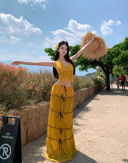 Romantic Ruffles Hem Bow Detail Maxi Dress Vibrant Two-Piece Set Scenic Vacays Halter Long Dress AP1235