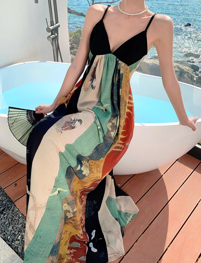 Vintage V Neckline Open-Back Maxi Dress Printed Pattern Design Spaghetti Strap Long Dress AP1236