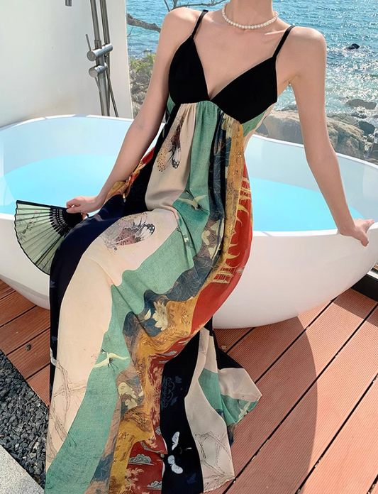 Vintage V Neckline Open-Back Maxi Dress Printed Pattern Design Spaghetti Strap Long Dress AP1236