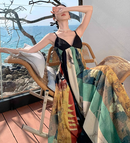 Vintage V Neckline Open-Back Maxi Dress Printed Pattern Design Spaghetti Strap Long Dress AP1236