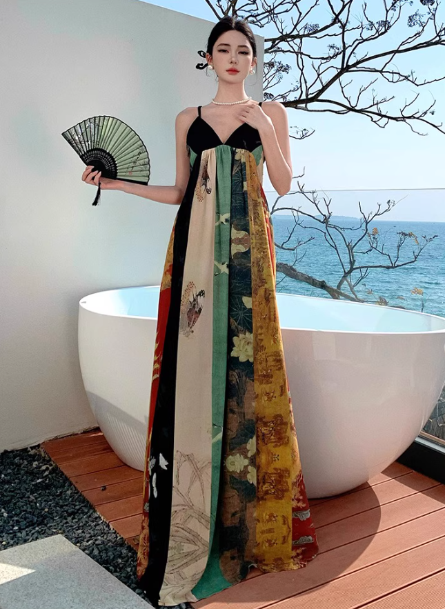 Vintage V Neckline Open-Back Maxi Dress Printed Pattern Design Spaghetti Strap Long Dress AP1236