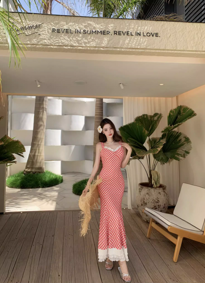 Charming Red Checkered Mermaid Maxi Dress French Style Tiered Lace Trimmed Long Dress AP1237