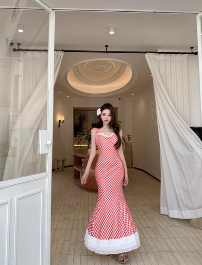 Charming Red Checkered Mermaid Maxi Dress French Style Tiered Lace Trimmed Long Dress AP1237