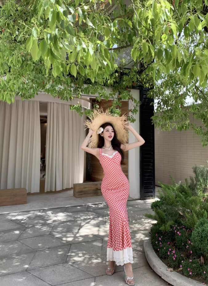 Charming Red Checkered Mermaid Maxi Dress French Style Tiered Lace Trimmed Long Dress AP1237