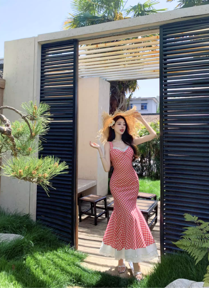 Charming Red Checkered Mermaid Maxi Dress French Style Tiered Lace Trimmed Long Dress AP1237