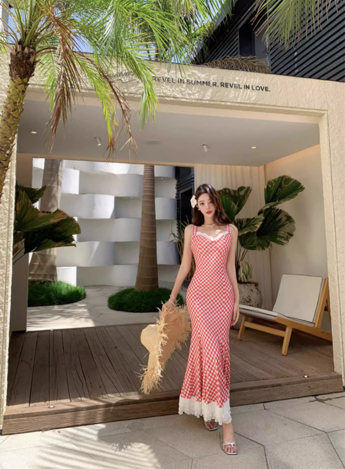 Charming Red Checkered Mermaid Maxi Dress French Style Tiered Lace Trimmed Long Dress AP1237