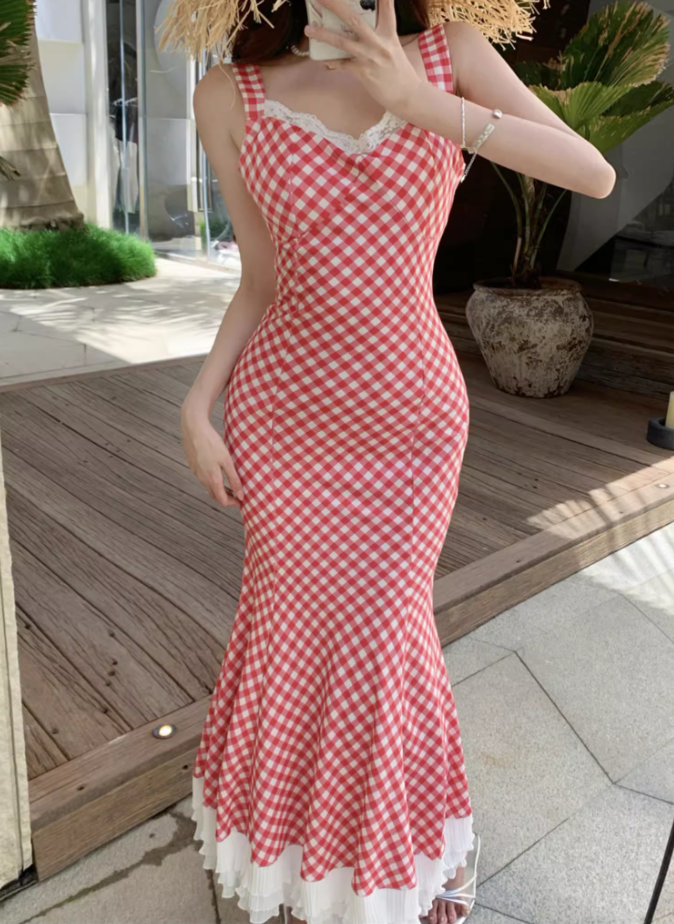 Charming Red Checkered Mermaid Maxi Dress French Style Tiered Lace Trimmed Long Dress AP1237