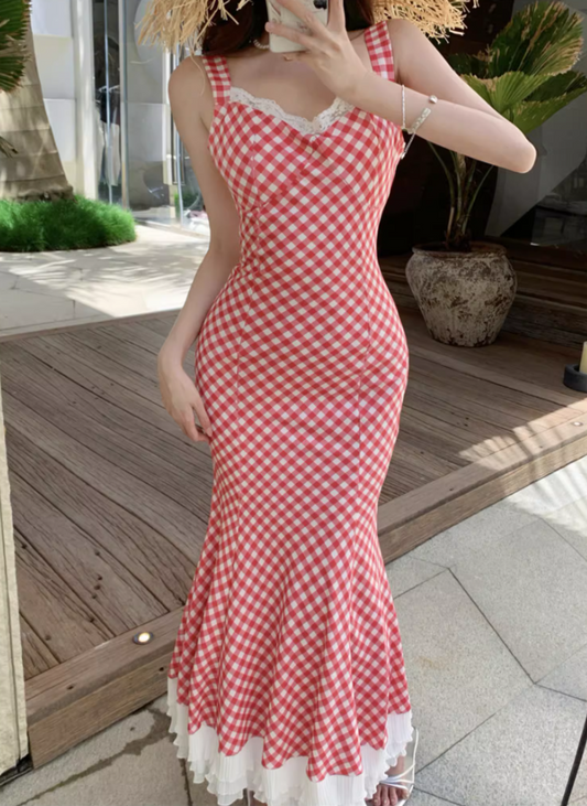 Charming Red Checkered Mermaid Maxi Dress French Style Tiered Lace Trimmed Long Dress AP1237