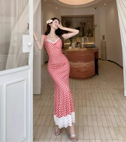 Charming Red Checkered Mermaid Maxi Dress French Style Tiered Lace Trimmed Long Dress AP1237