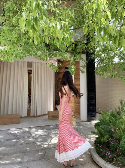 Charming Red Checkered Mermaid Maxi Dress French Style Tiered Lace Trimmed Long Dress AP1237