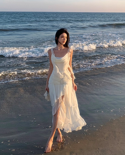 Ethereal Asymmetric Hem Draped Maxi Dress Layered Sheer Ruffles Tulle Long Dress AP1238