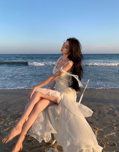 Ethereal Asymmetric Hem Draped Maxi Dress Layered Sheer Ruffles Tulle Long Dress AP1238