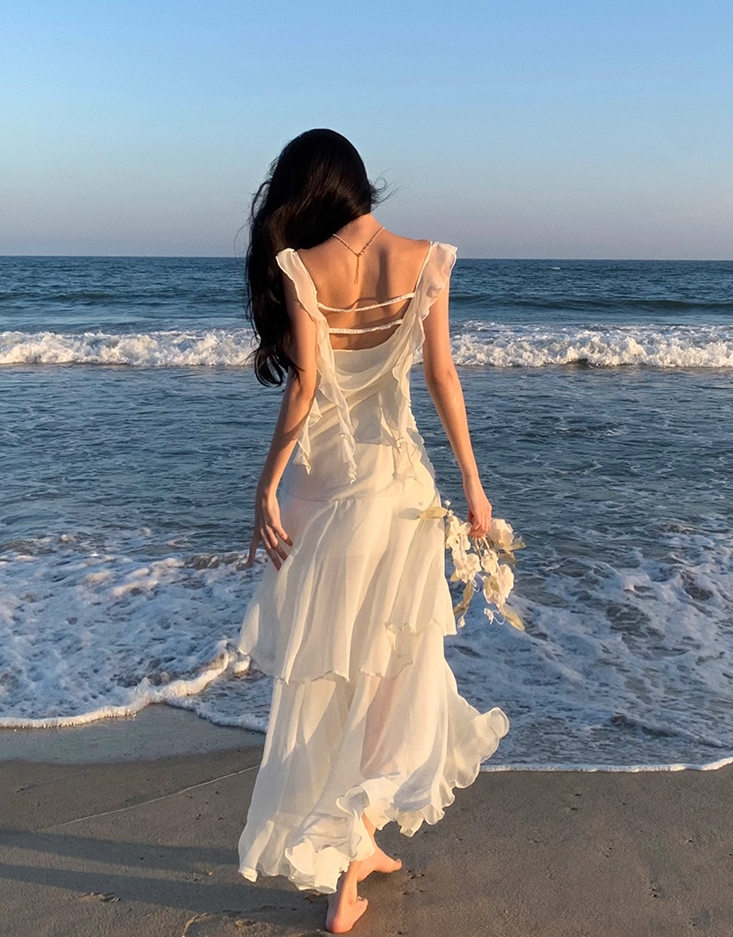 Ethereal Asymmetric Hem Draped Maxi Dress Layered Sheer Ruffles Tulle Long Dress AP1238