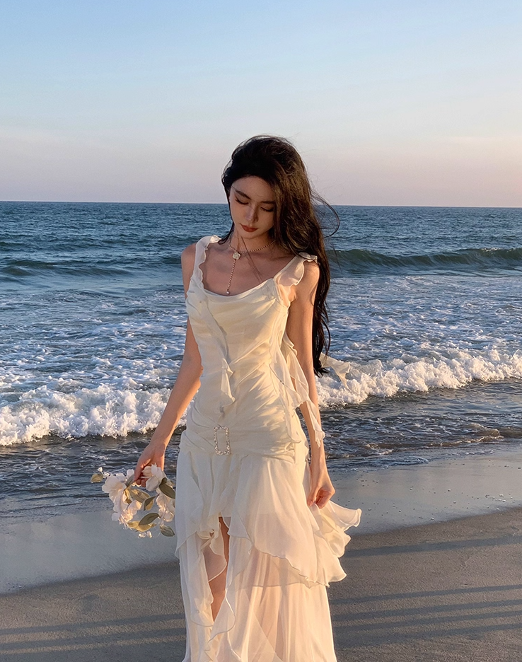 Ethereal Asymmetric Hem Draped Maxi Dress Layered Sheer Ruffles Tulle Long Dress AP1238