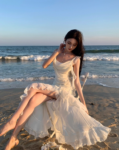 Ethereal Asymmetric Hem Draped Maxi Dress Layered Sheer Ruffles Tulle Long Dress AP1238