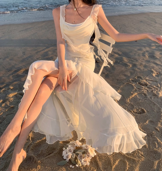 Ethereal Asymmetric Hem Draped Maxi Dress Layered Sheer Ruffles Tulle Long Dress AP1238