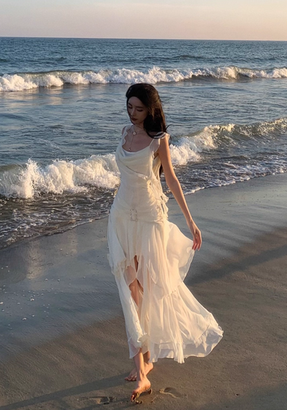 Ethereal Asymmetric Hem Draped Maxi Dress Layered Sheer Ruffles Tulle Long Dress AP1238